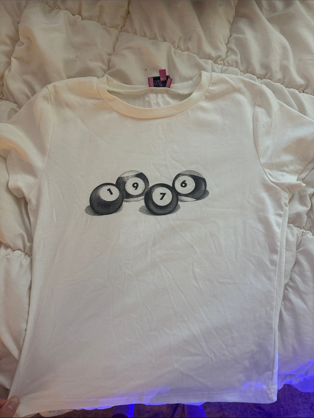 Edikted White Short-Sleeve Tee with Black 1976 Billiard Balls Graphic
